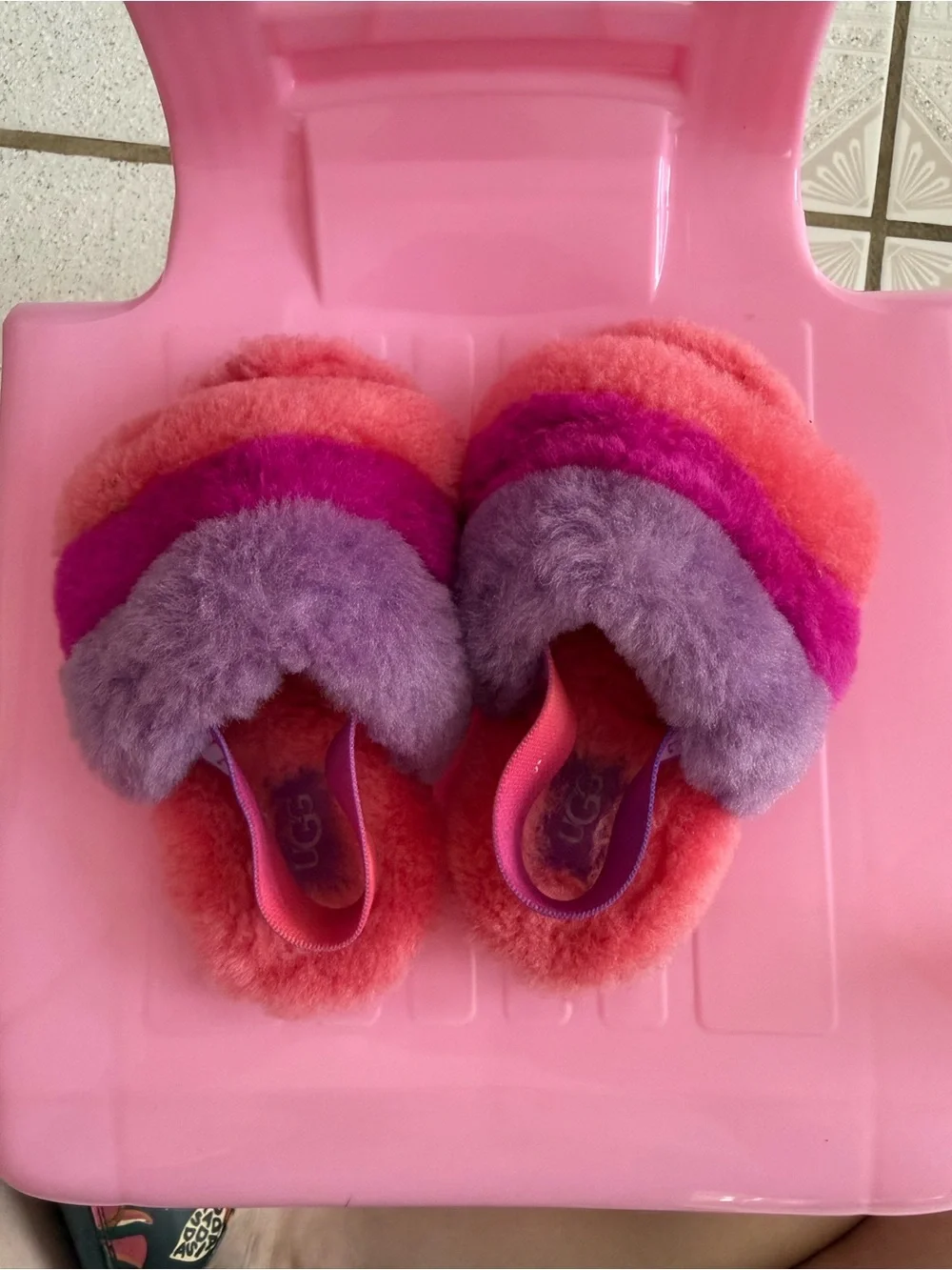 UGG Kids Pink, Purple & Coral Fluffy Slide Slippers
